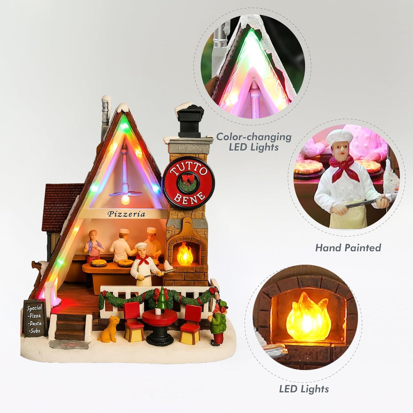 MOMENTS IN TIME Pizza Christmas Village Pizza Shop Scene LED Musical Pizzeria Scene Handcrafted Italian Restaurant Holiday Decoration Battery Operated Tabletop Display Christmas Village Display