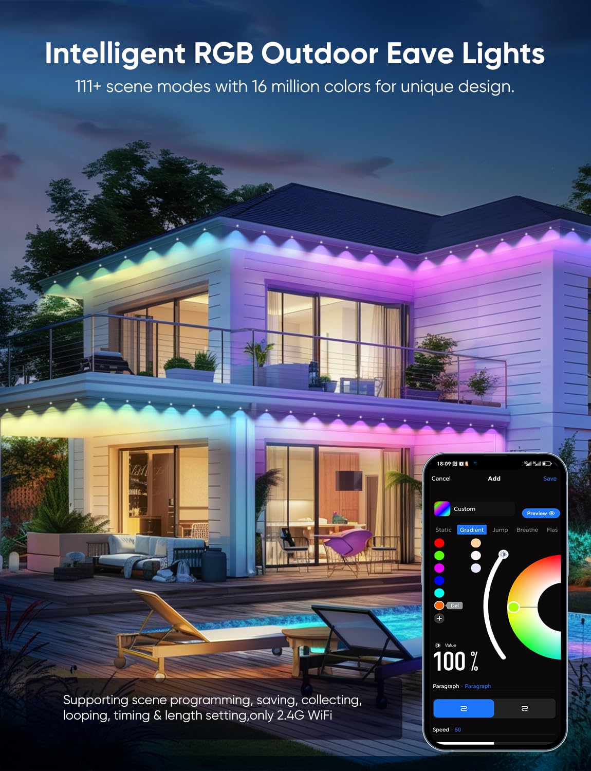 APPECK Permanent Outdoor Lights 100ft,RGBW Eaves Light with 72 LED Lights,111+ Scenes Modes Outdoor Lighting, Waterproof Permanent Light for Daily Holiday Decorations, Compatible with Alexa,Black