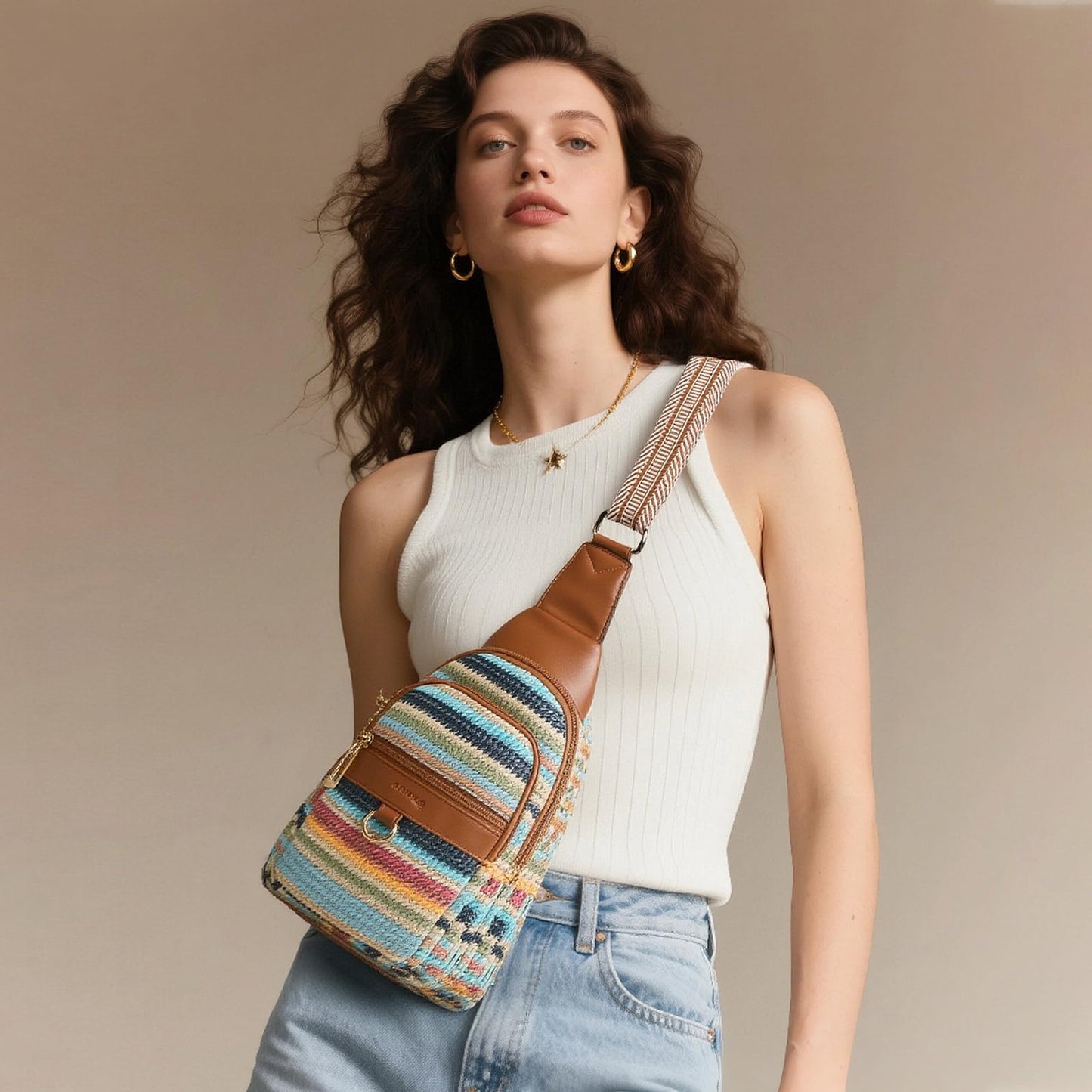 cakang 7L Straw Crossbody Bags for Women - Fashion Sling Chest Bag with Rainbow Woven Design, Lightweight Fanny Pack Travel Leather Shoulder Bag (Brown)