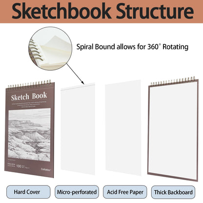 Crehatos 9" x 12" Sketch Book, Top Spiral Bound Sketch Pad, 100 Sheets 68lb/100gsm Drawing Paper, 1 Pack