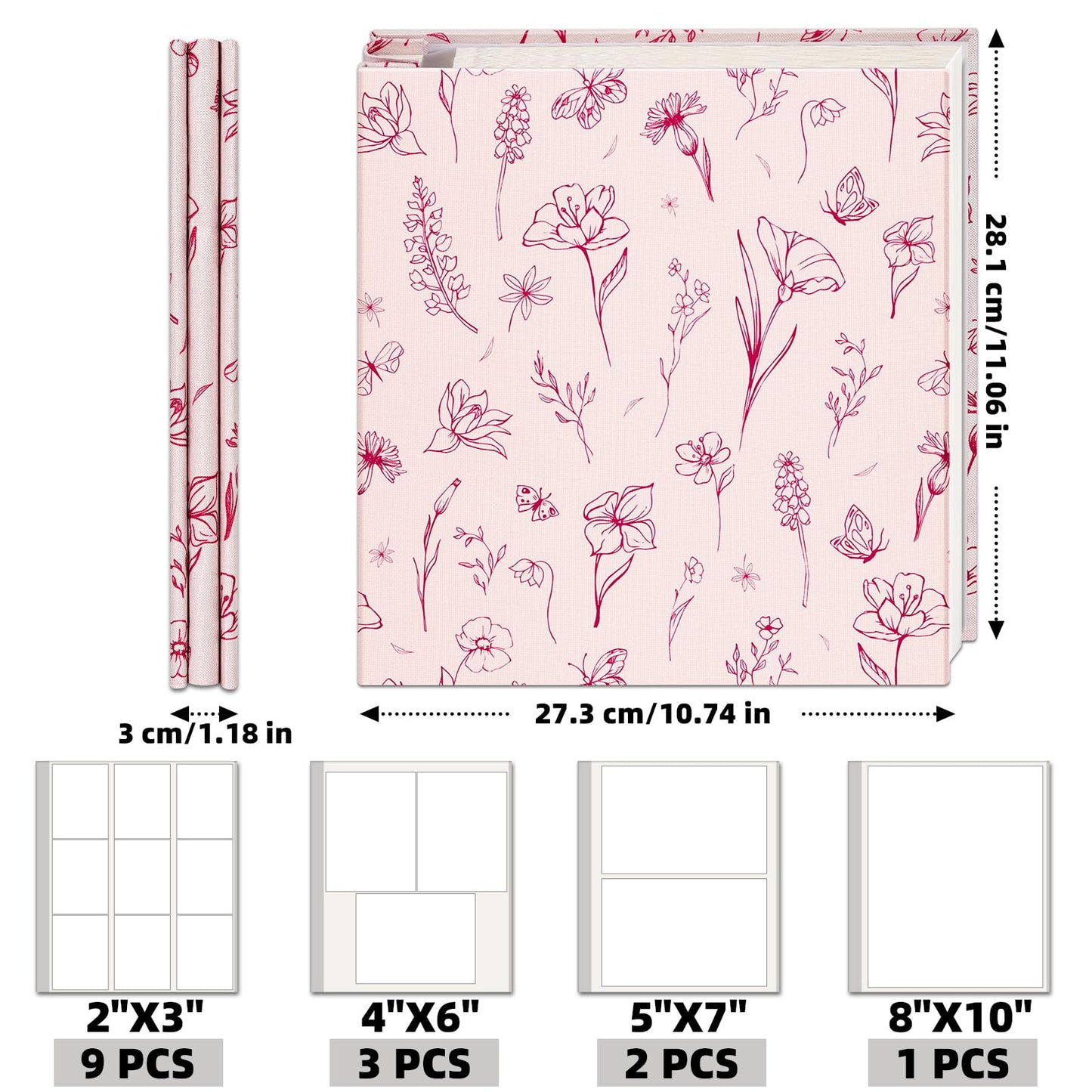 Vienrose Self Adhesive Photo Album for 4X6 8X10 Pictures, Linen Cover Scrapbook Pink Flower Printed Memory Book, 40 Blank Pages with A Metallic Pen for Baby Family Graduation Wedding Memories