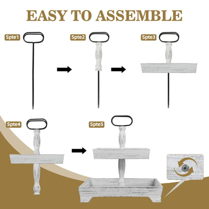 Eufrozy 2-Tier Farmhouse Tiered Tray Stand, Rustic White Wooden Decorative Serving Tray with Metal Handles, Rectangular Display Stand for 4th of July Decorations, Kitchen Table Housewarming Gifts