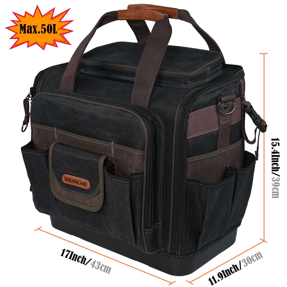 WELKINLAND 54Pockets Electrician Tool Bag, Heavy-Duty Hard Bottom Tool Bag, WaterProof Waxed Canvas Tools Bag, Technician Tool Bags, HVAC Tools Bag For professionals