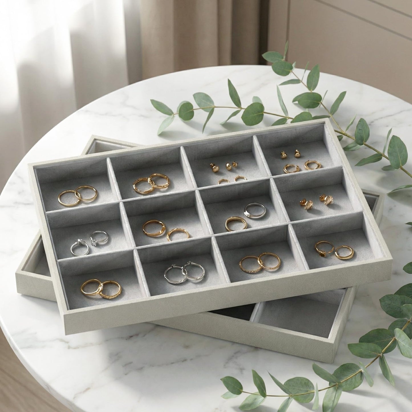 Gghenda 2-Piece Gray leather Stackable Jewelry Organizer Tray Set, Bracelet Ring Earring Holder Box, Necklace Display Stand for Storage and Retail Display (Necklace)