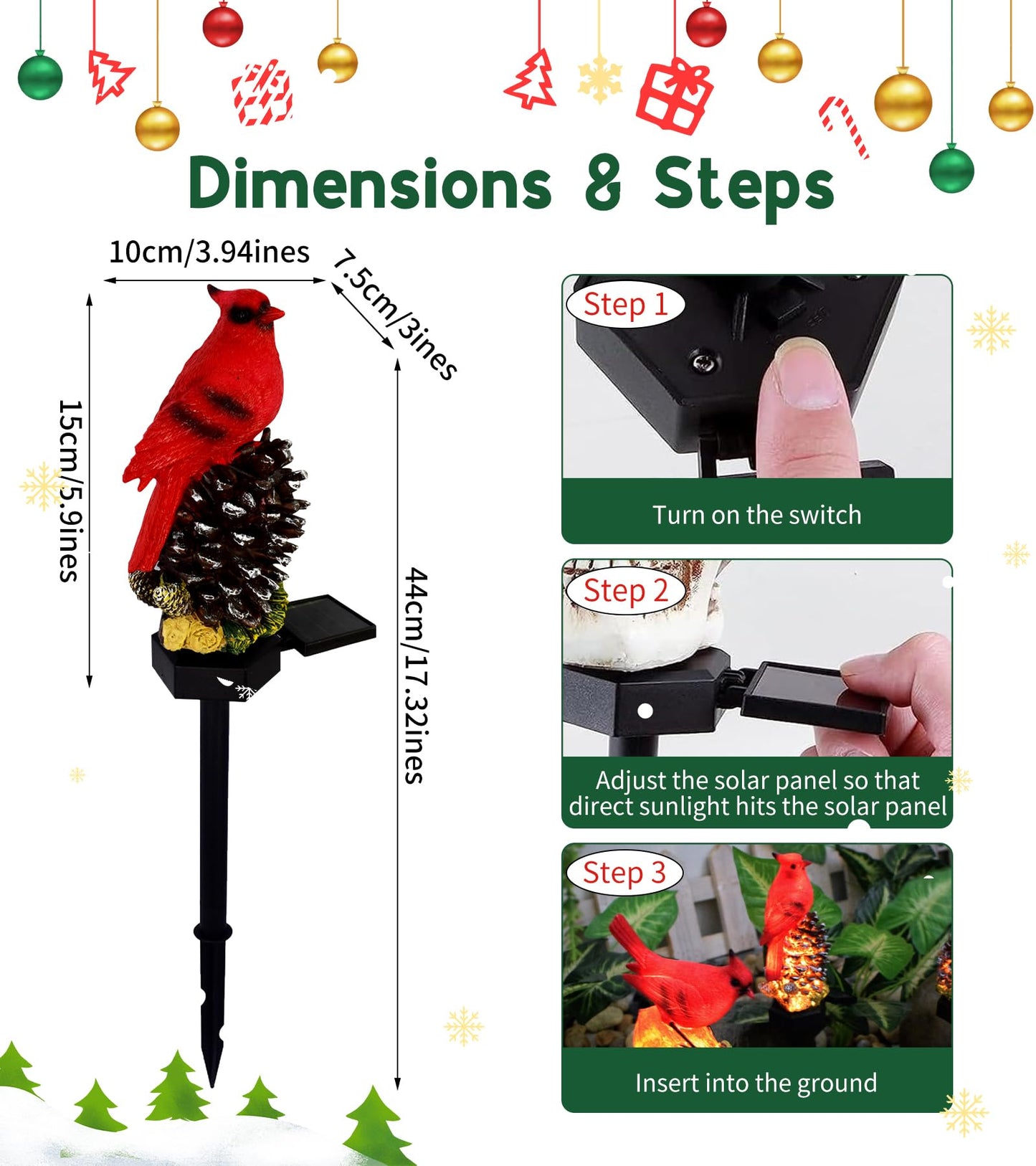 LAIAMER Cardinal Decor Solar Garden Decor Waterproof Red Bird Figurine Solar Stake Lights for Outside Yard Patio Lawn Porch Cemetery