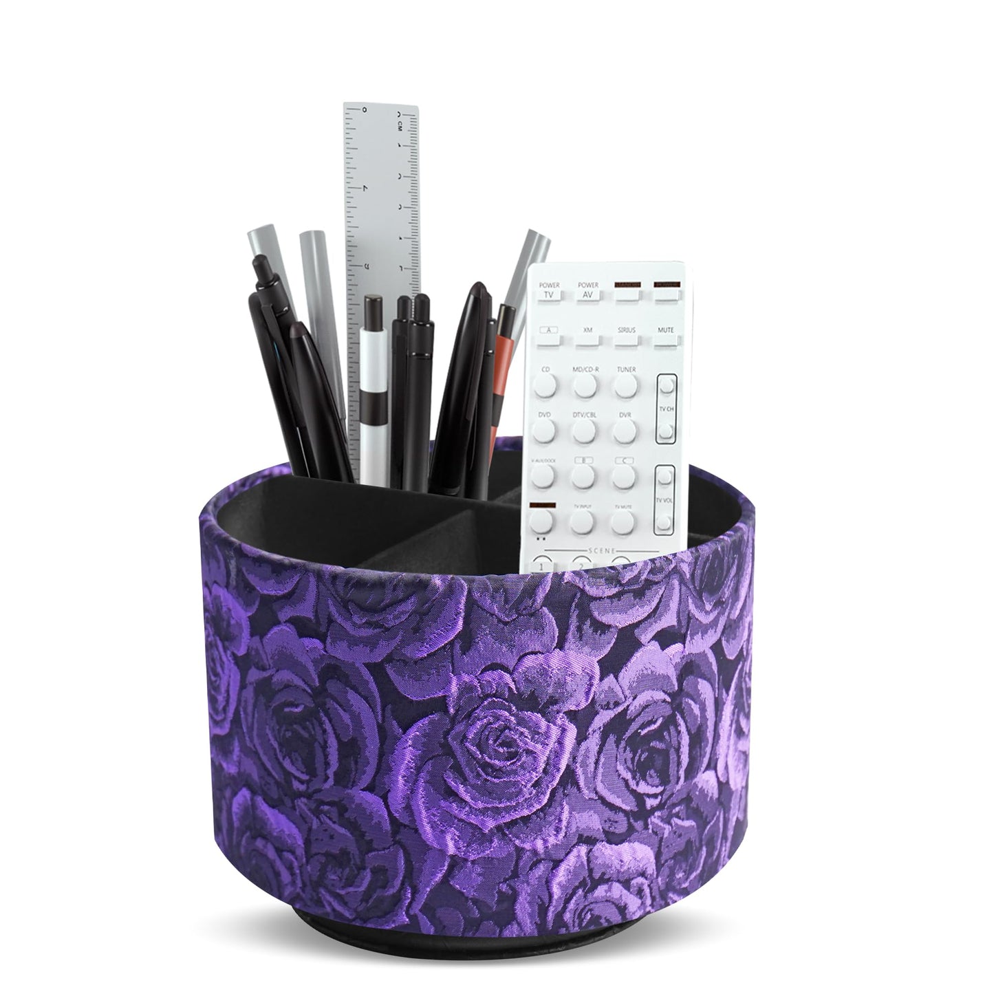 QIELIZI Round Leather Art Supply Organizer,Remote Control Holder,360 Degree Rotating,Multi-Functional Pencil Holder,4 Compartments Desktop Stationary Organizer(1-3D Rose Purple)