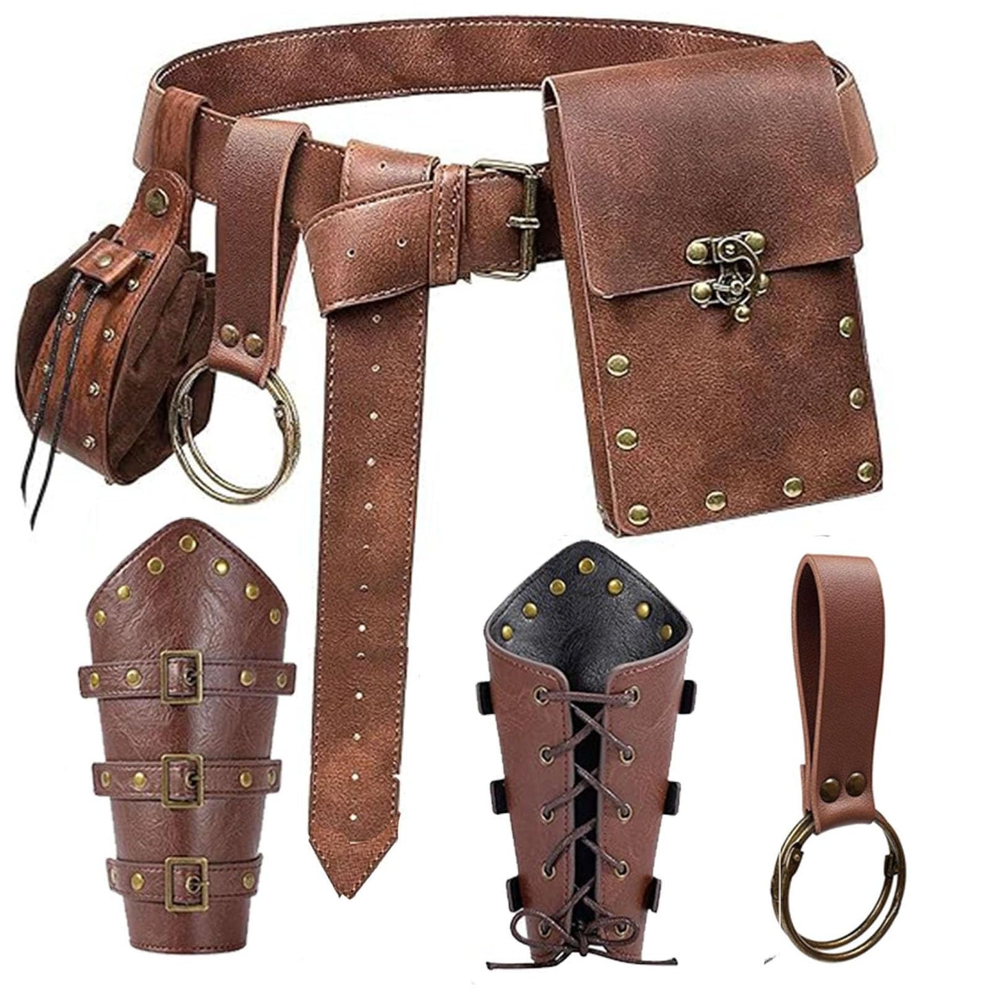 Renaissance Belt Pouch Purse Viking Bracer Hook Halloween Set Medieval Festival Costume Accessory Casual Fanny Pack Waist Bag (Dual-Brown)