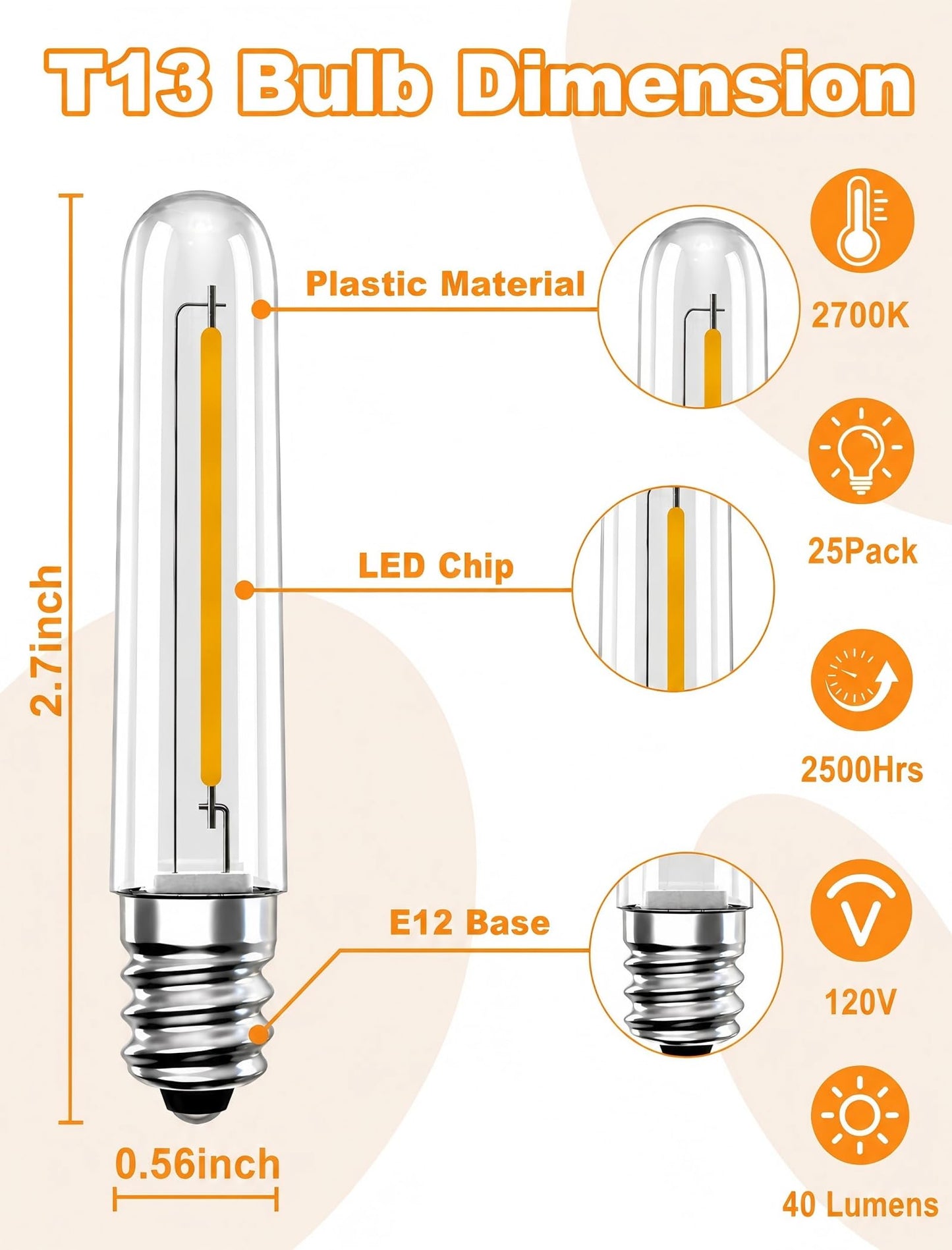 Pallerina 25 Pack E12 LED T13 Replacement Bulbs, 0.6W Dimmable Waterproof Candelabra Base Bulbs, 2700K Warm White, for S14 G40 C7 String Lights, Chandeliers, Outdoor Patio & Night Lights
