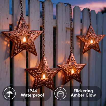 Hanging Solar Lights for Outside Trees, 4 Pack 6-Inch Hanging Star Lantern with Solar Tea Lights Outdoor Waterproof Chandelier, Patriotic Star Lights for 4th of July Decorations Porch Patio Pergolas