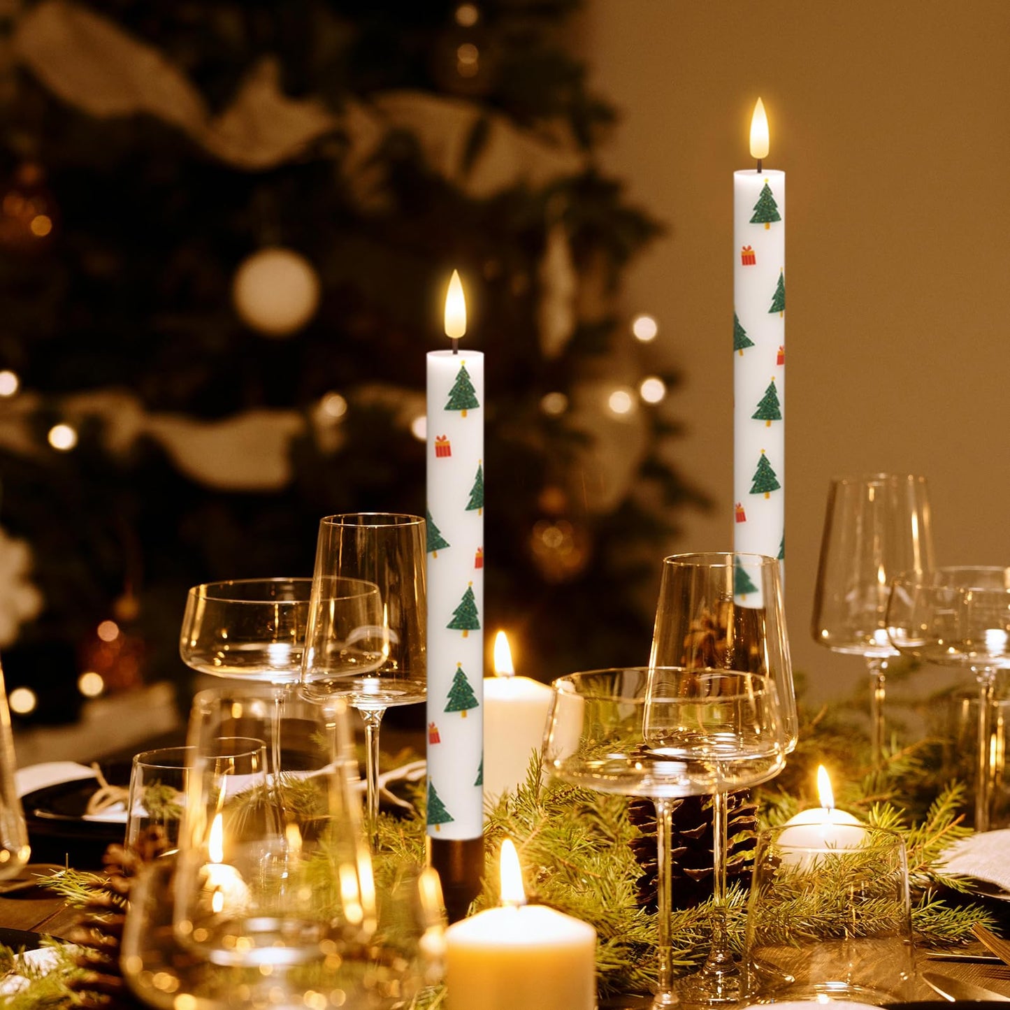 GenSwin Christmas Flameless Taper Candles, 4 Pack Christmas Tree Candles with Remote Timer, Real Wax Flickering LED Flameless Candlesticks Battery Operated with Decals for Home Decor(0.75” x 9.65”)