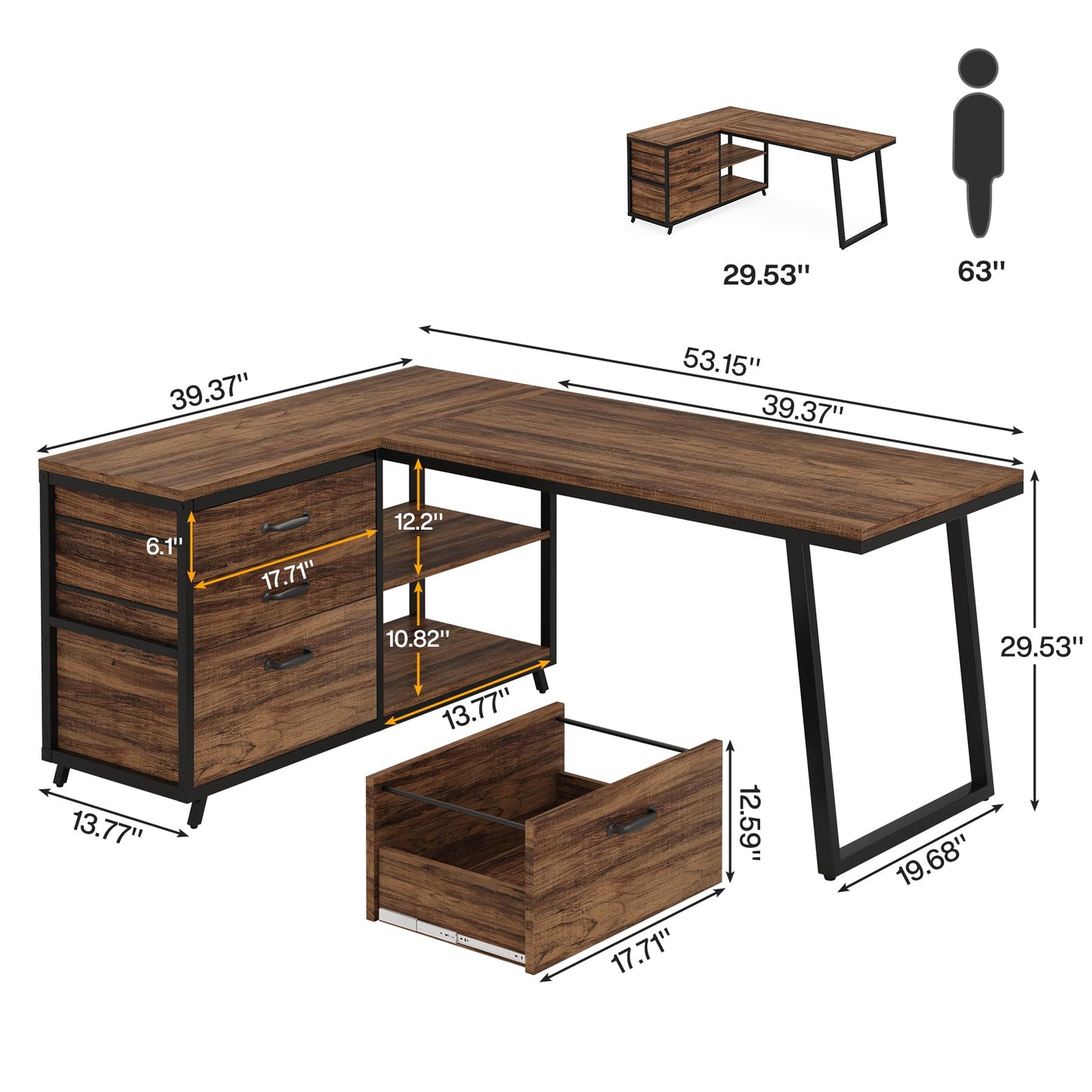Tribesigns L-Shaped Computer Desk with 3 Drawers, Reversible Corner Home Office Desk with Shelves, 53-Inch Industrial PC Desk Study Writing Table Workstation for Small Space, Rustic Brown