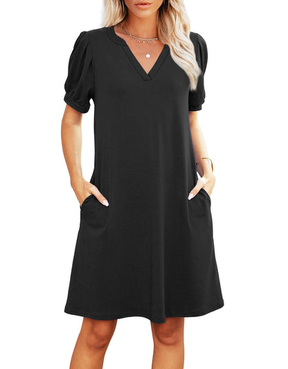 RUMIA V-Neck Summer Casual Sundress for Women- Puff Short Sleeve Swing Beach Dress with Pockets Black