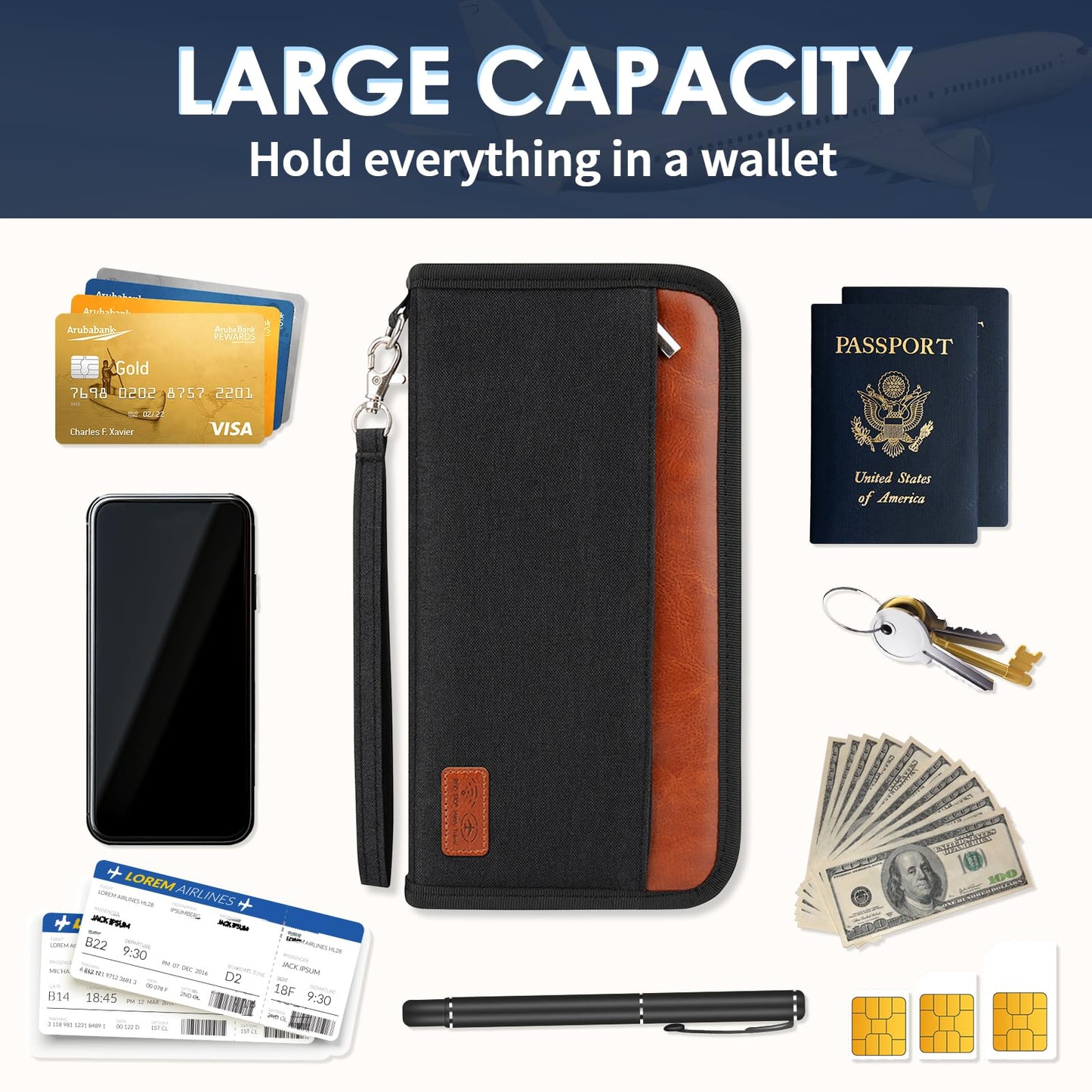 Passport Holder Family Travel Large RFID Blocking Passport Organizer, Travel Essentials Premium Wallets Credit Cards Case, Multi Pocket Waterproof Document Bag for Airports Vacations Business Trips