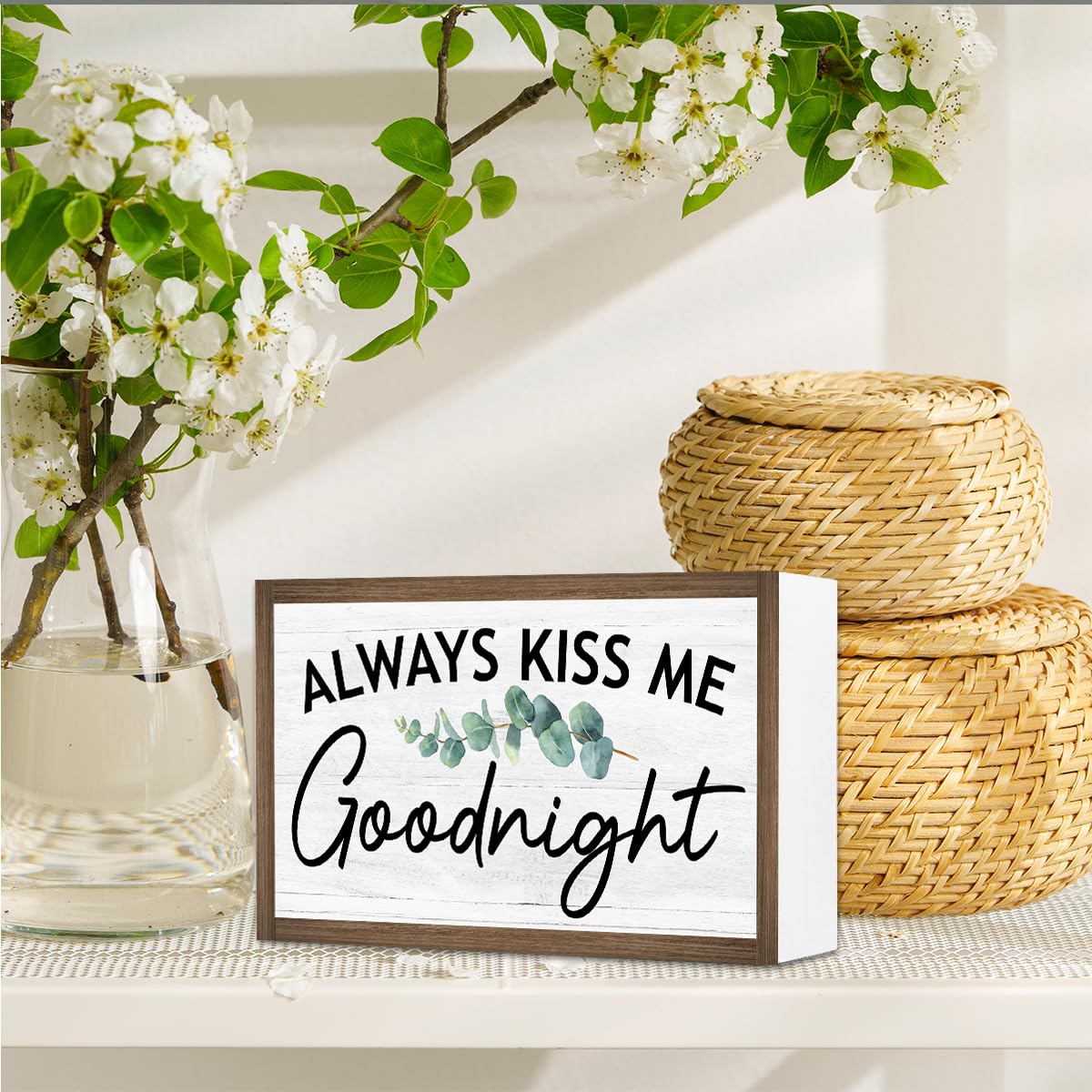 Always Kiss Me Goodnight Wooden Box Sign Desk Decor,Rustic Farmhouse Love Sign Wood Block for Home Bedroom Shelf Tabletop Wall Decor