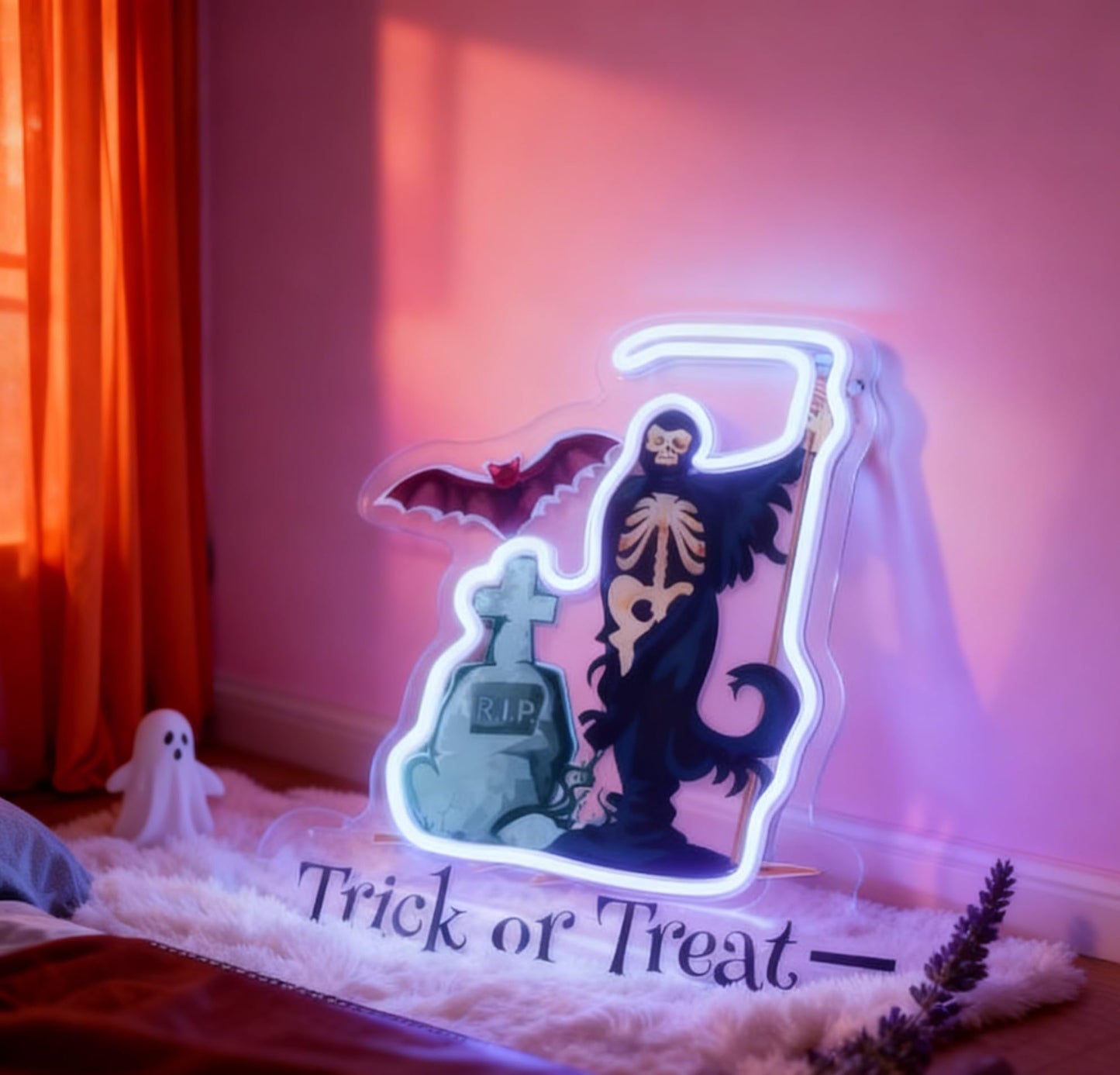 Trick or Treat LED Neon Sign, Home Front Porch Haunted House Horror Themed Party Wall Table Decor, Halloween Light Up Sign, USB Powered Decorative Light 13.8 x 13.8 In