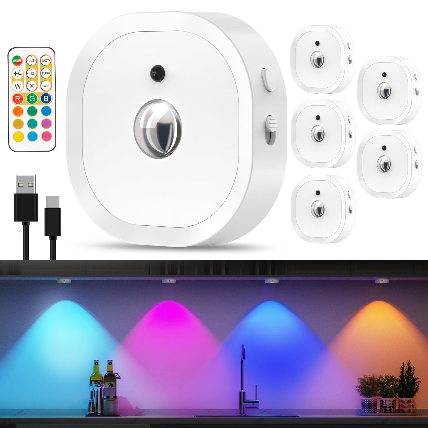Under Cabinet Lighting, 1500mAh Rechargeable Puck Lights with Remote,13 RGB Colors, Magnetic Stick on Light, Dimmable Wireless Tap Light for Kitchen, Shelf, Pantry(White 6 Pack)