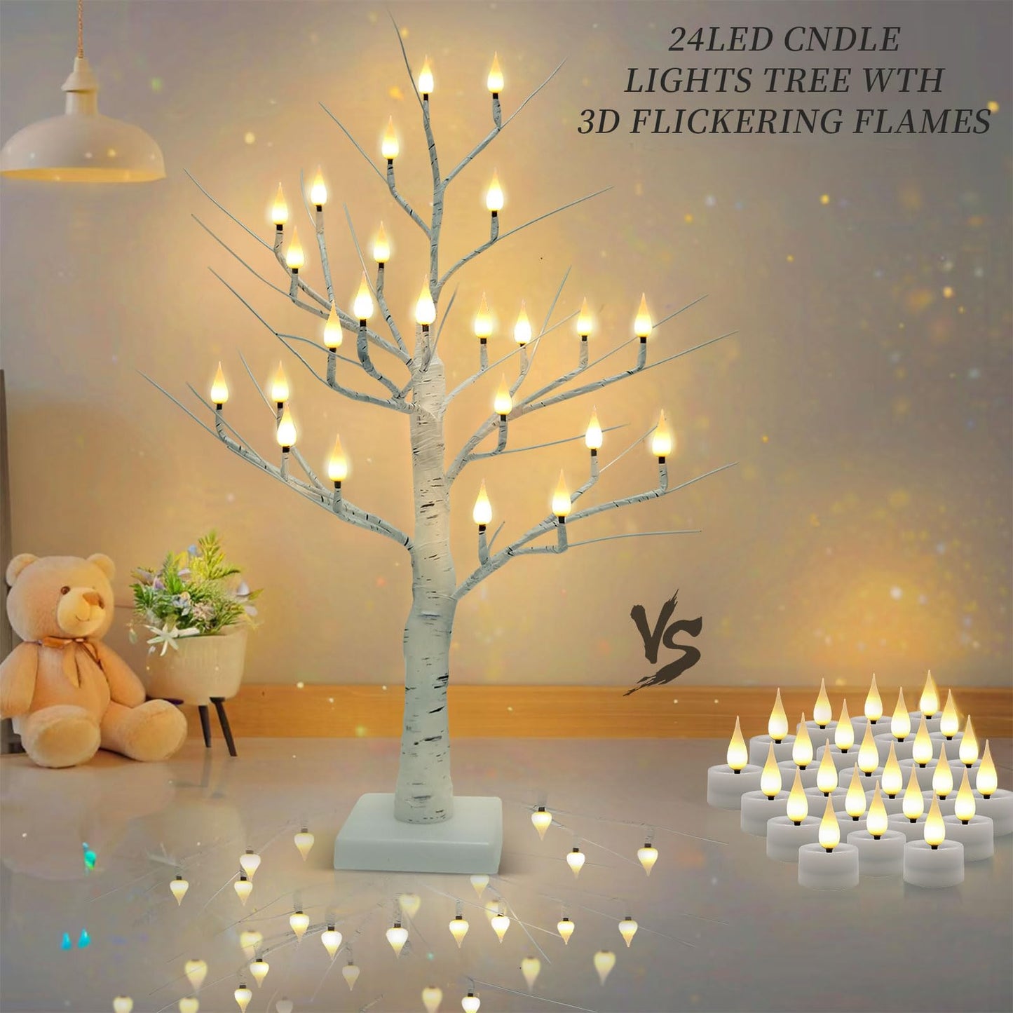 Evicyego 2Ft Candle Light Trees for Decoration Indoor, Twinkle Tree with 24LED Flameless Candles Lights, USB/Battery Operated Birch Tree Candles for Home Tabletop Mantel Christmas Birthday Party Decor