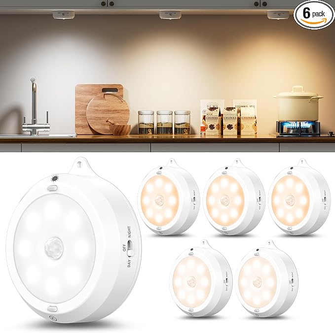 YiaMia Motion Sensor Under Cabinet Lights - 6 Pack, Indoor Smart Sensor Night Light, 3 × AA Battery Operated Wireless Stair Light, Dimmable Puck Lights Suitable for Kitchens, Wardrobes, Hallway