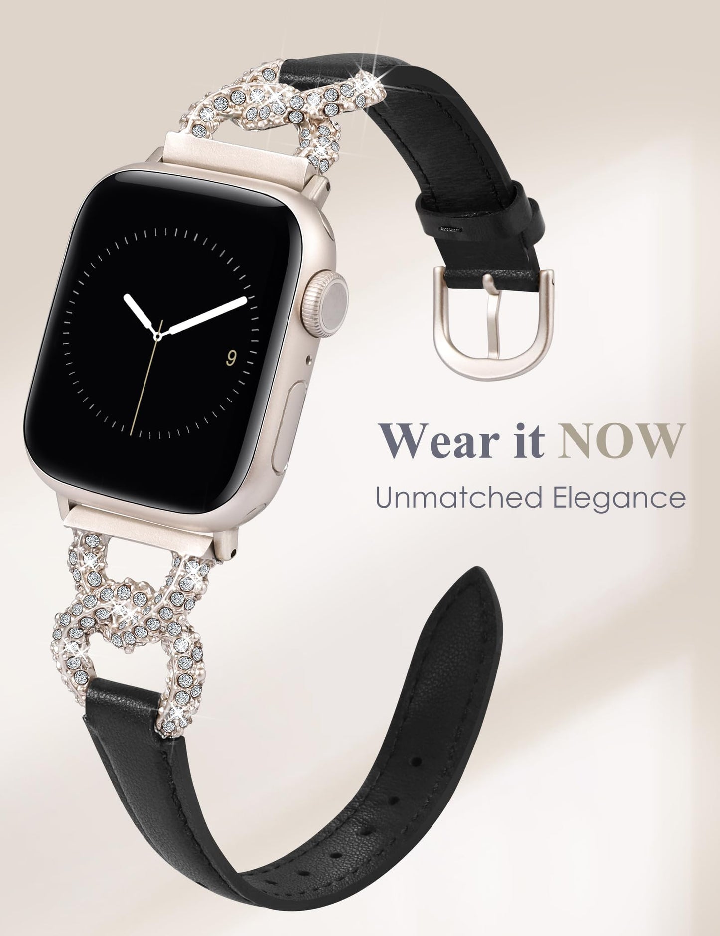 TOYOUTHS Leather Band Compatible with Apple Watch Bands Women 38/40/41/42mm Dressy Designer Diamond Interlock Buckle Thin Leather Strap for iWatch Series 11 10 9 8 7 6 5 4 SE 3 2 1, Black/Starlight