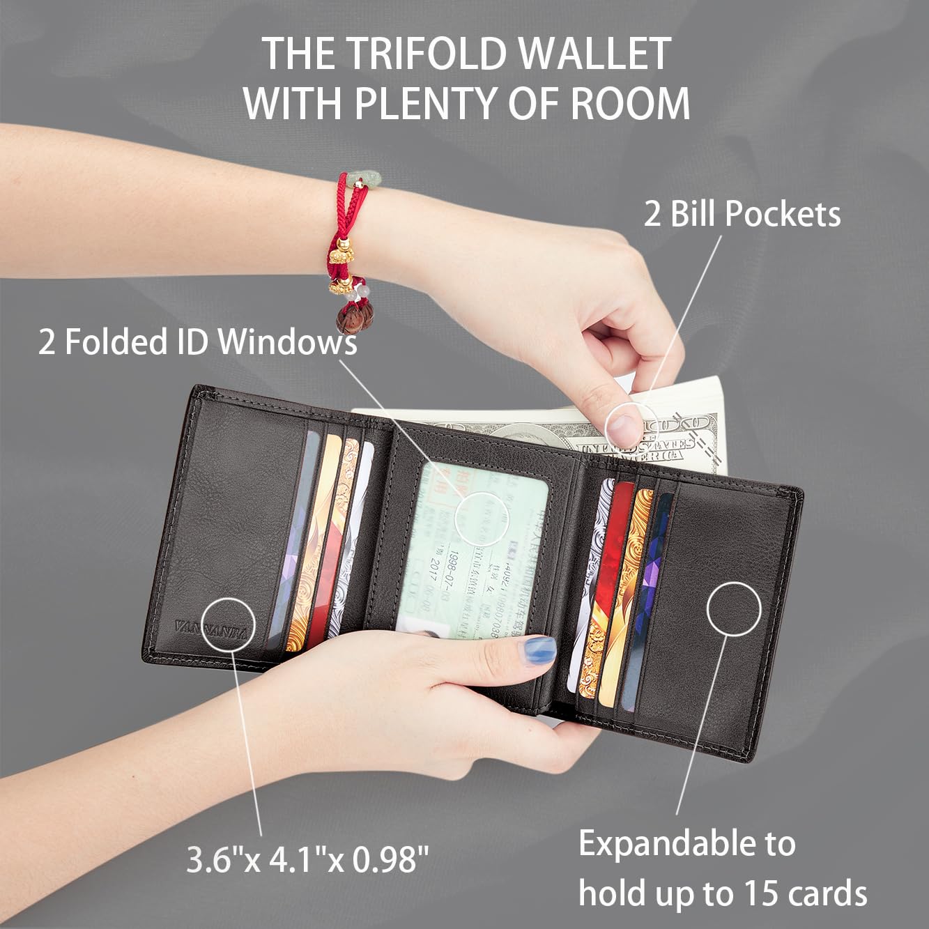 VANNANBA Men's Leather Trifold Wallet with Folded ID Windows,12 Card Slots & 2 Note pockets(Dark Brown)