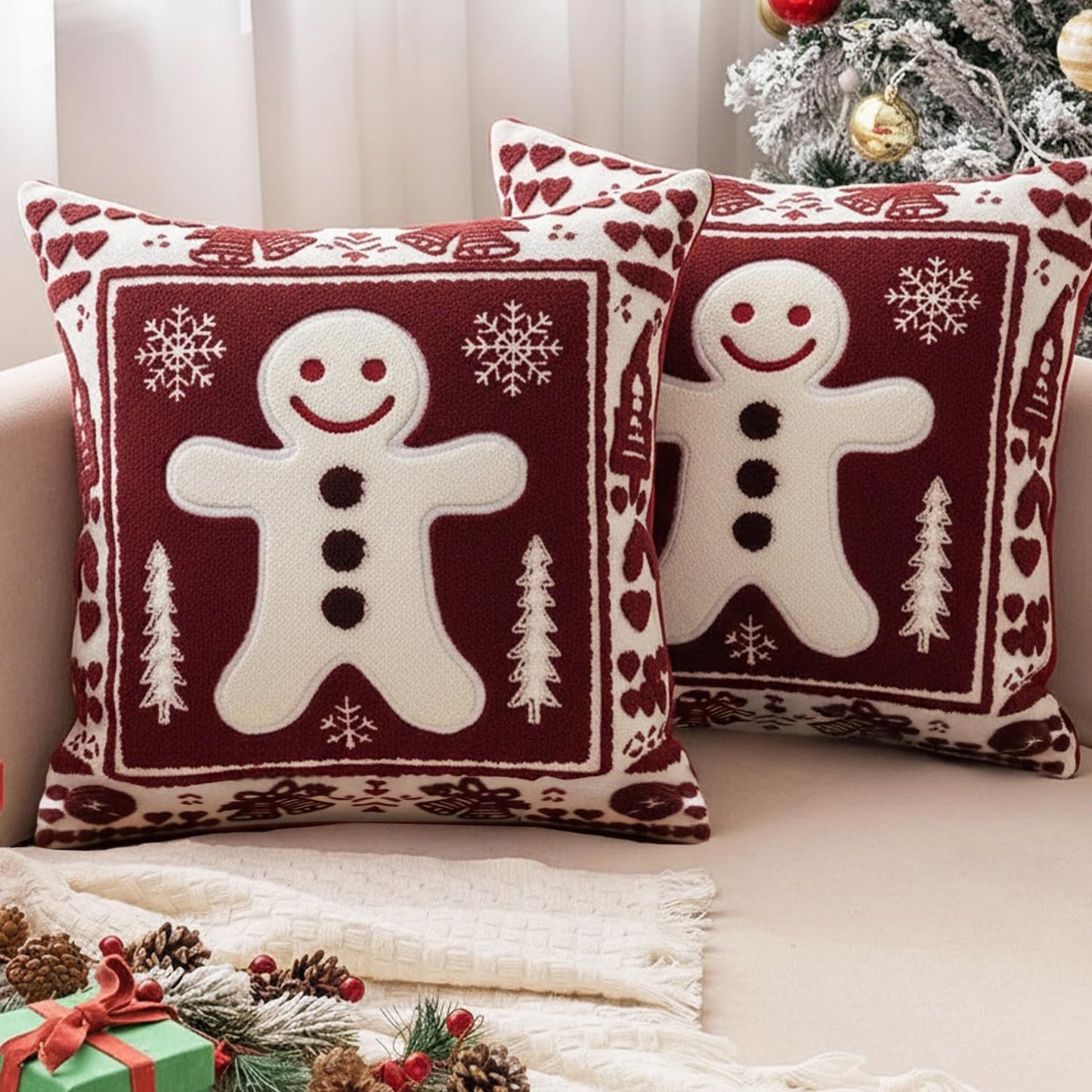 Christmas Throw Pillow Covers 18x18 Set of 2, Embroidered Gingerbread Man Cushion Covers with Snowflake Christmas Tree, Red White Holiday Decorative Pillow Cases for Sofa Couch Living Room Home Decor