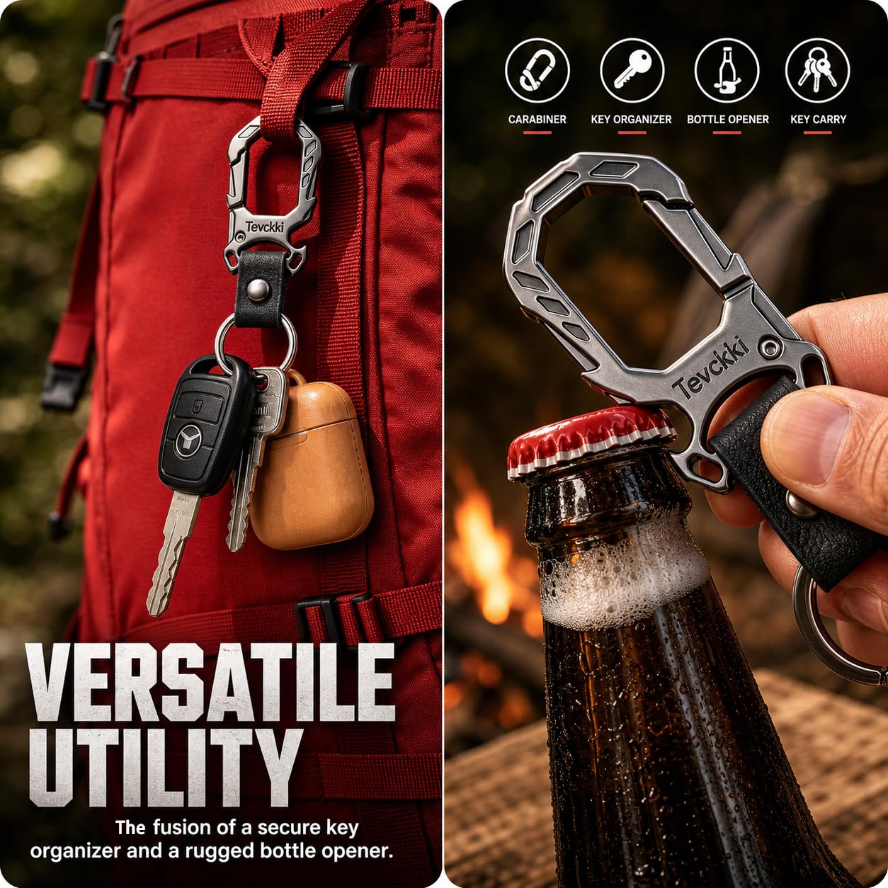 Tevckki Tactical leather keychains Carabiner Car Key Chains Bottle opener .Metal Clip Keychain with Anti-Lost 2 Key Rings Universal for men and women.(Black)
