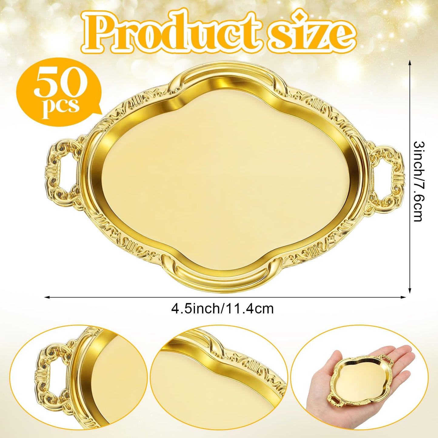 Ferrochef 50 Pcs Oval Mini Baroque Dessert Display Tray Mini Elegant Plastic Serving Tray Small Cake Candy Plates for Weddings Party Bridal Baby Shower, Birthday, Candy Jars Decorations (Gold)
