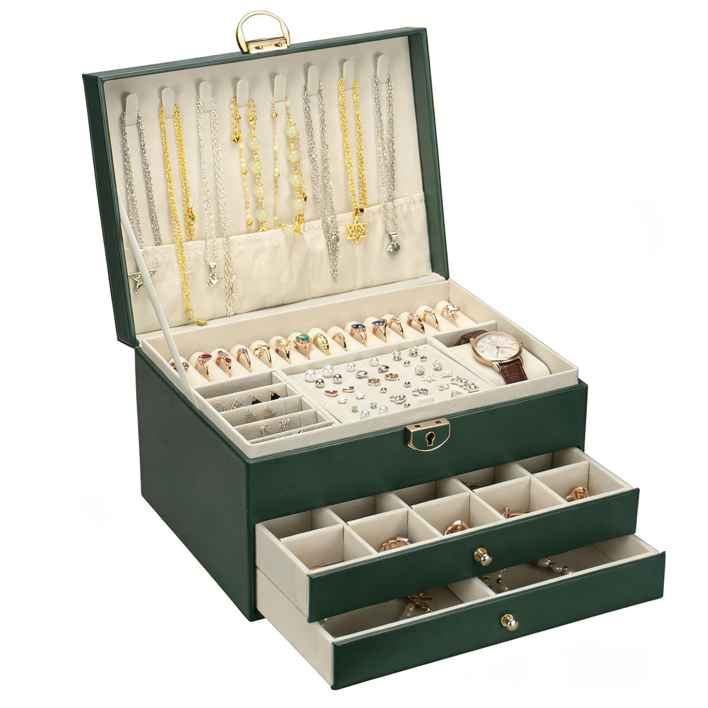SRYTCYDA SRTCYDA Jewelry Box for Women, Large PU Leather Jewelry Organizers and Storage with Lock and Key, 3-Layer Dresser Top Jewelry Box for Holds Necklace, Earring, Ring, Bracelet, Watch (Green)