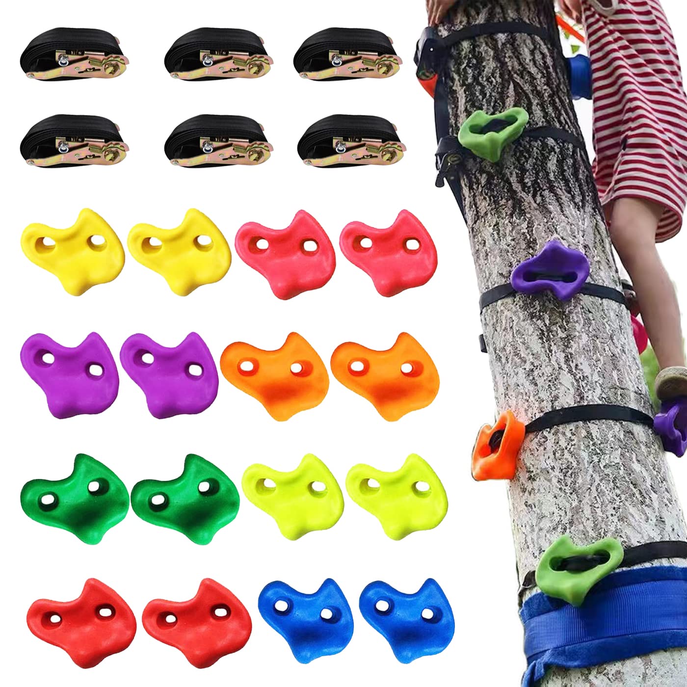 KINSPORY 16PC Tree Climbing Holds and 6pc Tree Ratchet Straps Climber Kit, Oversized Pig Nose Climb Rock Holds Kit for Outdoor Ninja Warrior Obstacle Course Training