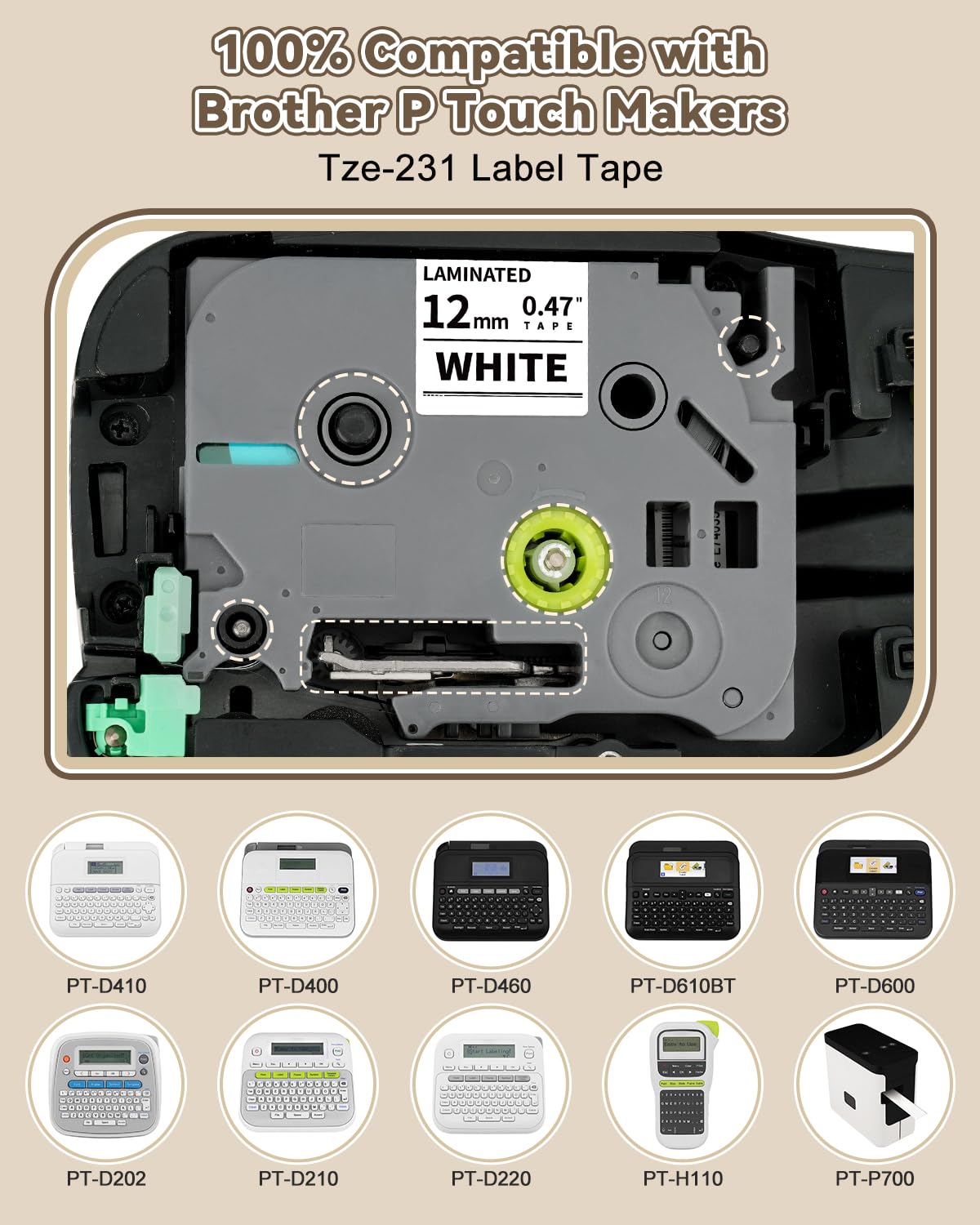 10-Pack TZe 12mm 0.47 Laminated White Tape Compatible for TZe-231 TZe231 TZ-231 Label Tape Refills for P Touch Label Maker Tape PT-H110 D220 D600 D410 D210 D200 D400 P700 1280 1880, 1/2 Inch