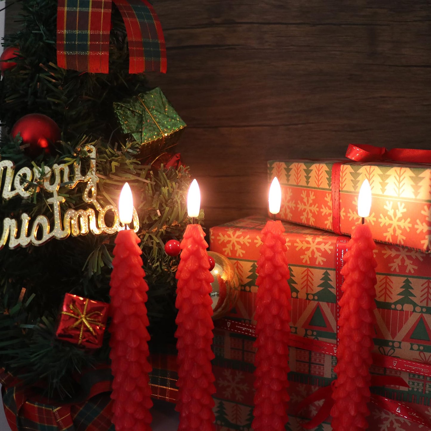 KunSwenn Christmas Tree Candles, 4 Pack Christmas Taper Candles with Remote Timer, Red LED Flameless Taper Christmas Candle Battery Operated for Holiday Xmas Decor(0.78” x 9.64”)