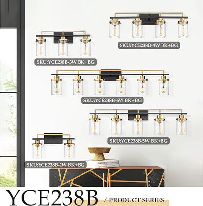 Emliviar 3-Light Bathroom Vanity Light Fixtures - Black and Gold Finish with Clear Glass, YCE238B-3W BK+BG