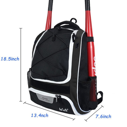 WOLT | Youth Baseball Backpack Bag for Baseball, Softball & T-Ball Equipment & Gear, Youth Boys and Adults, with Holder for Bat, Helmet, Glove, & Shoes Compartment & Fence Hook (Black)