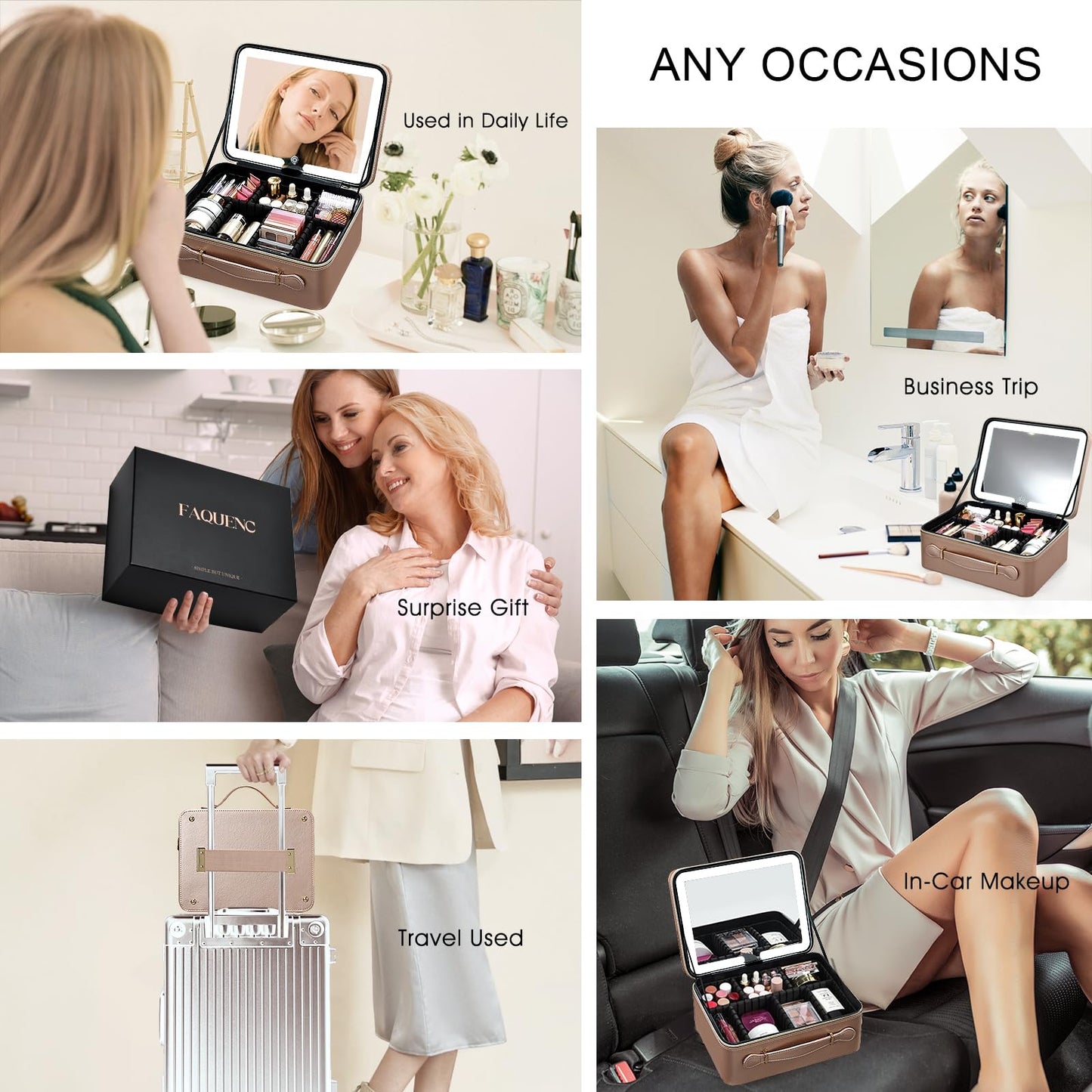 Leather Makeup Case with LED Lighted Mirror 11.4 Inch Travel Makeup Bag Adjustable Brightness in 3 Colors Cosmetic Organizer Artist Storage Bag with Dividers Brush Holder Bag Vanity Champagne Gold