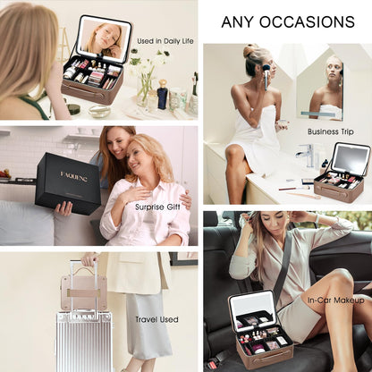 Leather Makeup Case with LED Lighted Mirror 11.4 Inch Travel Makeup Bag Adjustable Brightness in 3 Colors Cosmetic Organizer Artist Storage Bag with Dividers Brush Holder Bag Vanity Champagne Gold