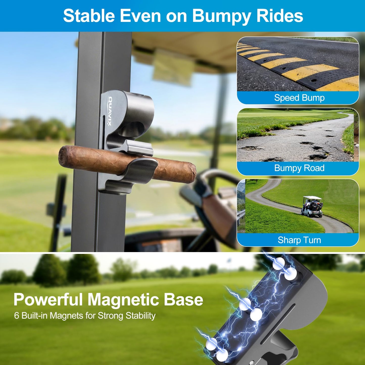Quavix Magnetic Golf Cart Holder Clip with Adjustable Strap, Secure Golf Accessory for Cart, Aluminum Design Fits 30-70 Ring Gauge, Stable Holder for Golf Course Use (Gray)