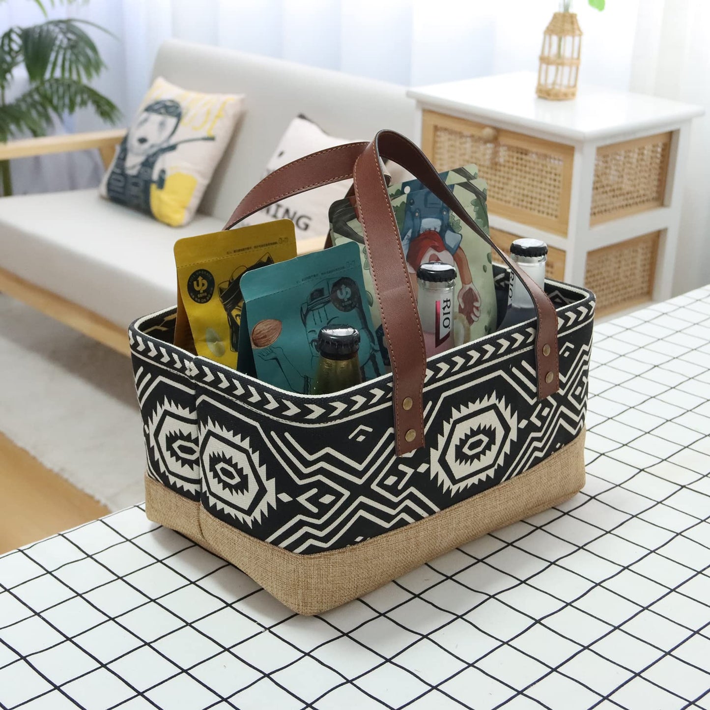 Canvas Tote Bag, Small Rectangular Picnic Basket for Storage Shopping Laundry, Black and White Pattern