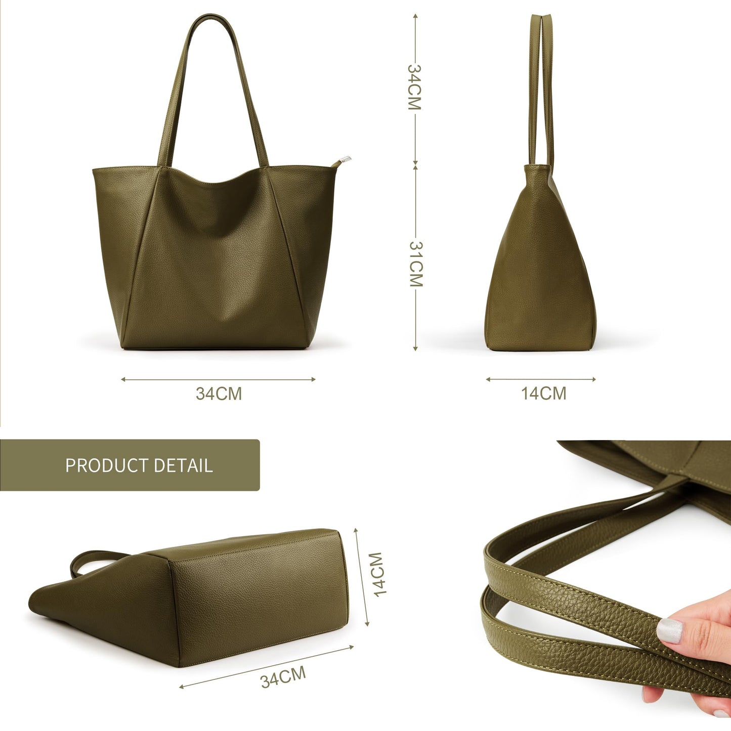 KALIDI Large Tote Bag Vegan Leather Casual Zipper Work Bag Weekender Hobo for Women 16L Oversize Shoulder Travel Purse, Olive Green