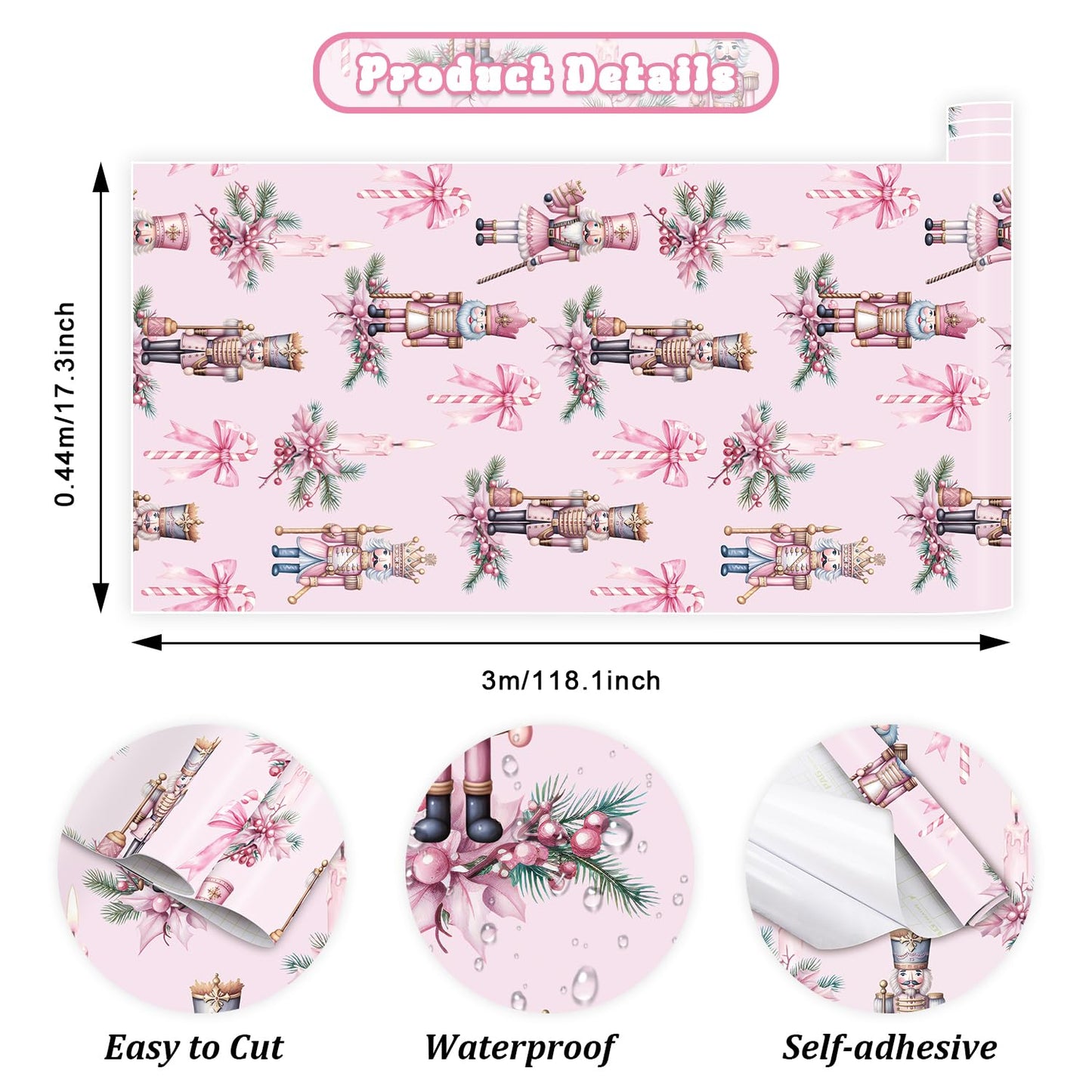 IARTTOP Pink Nutcrackers Wallpaper Peel and Stick Christmas Party Pink Contact Paper for Cabinets and Drawers Christmas Nutcracker Wallpaper Self-Adhesive for Xmas Holiday Home Decor(17.3"X118.1")
