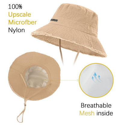Sun Hats for Women Wide Brim Ponytail, Sun UV Protection UPF 50+ Breathable Cotton Summer Hat for Hiking Beach Fishing Summer Safari Khaki
