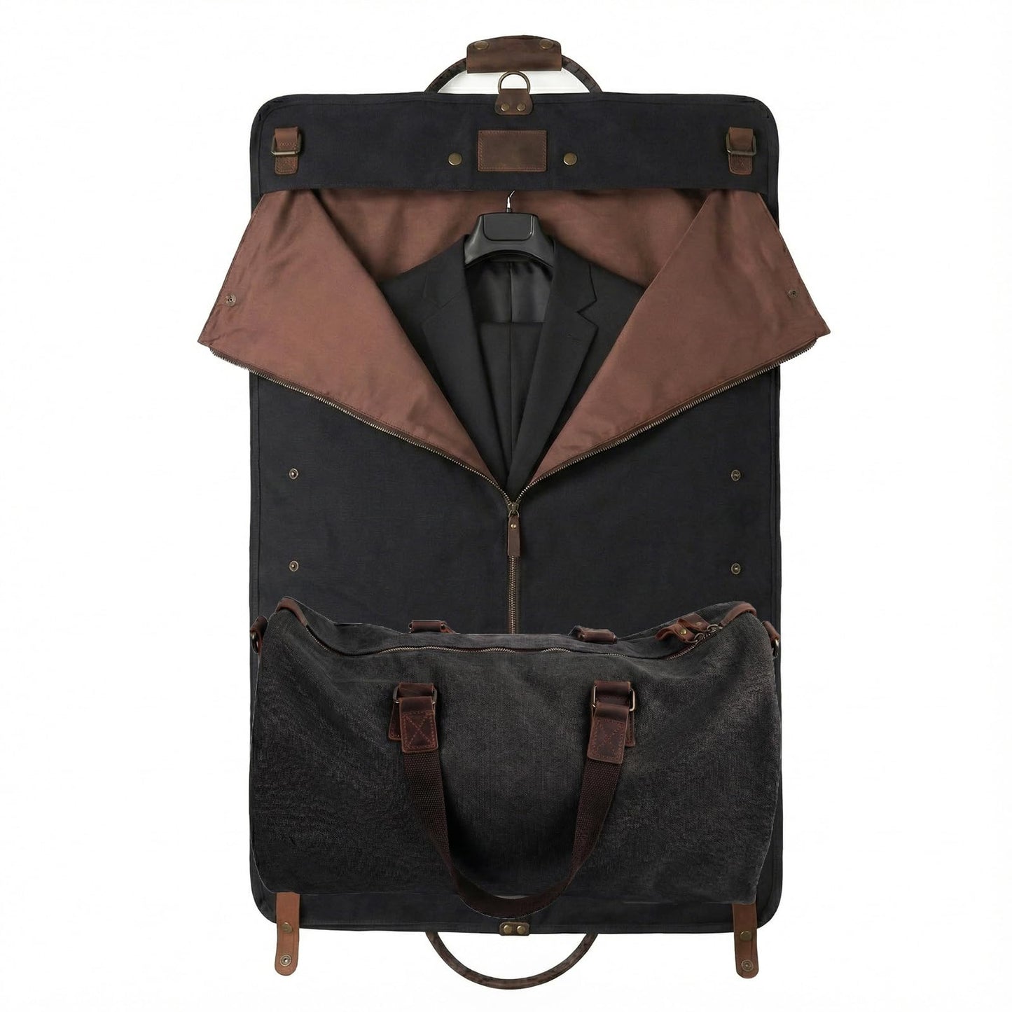 2 in 1 Suit Garment Duffle Convertible Carry-on Bag With Canvas Leather Shoulder Strap for Travel, Business Trips, Storage - Hangding Suit, Clothes, Dresses, Shoes (Black)
