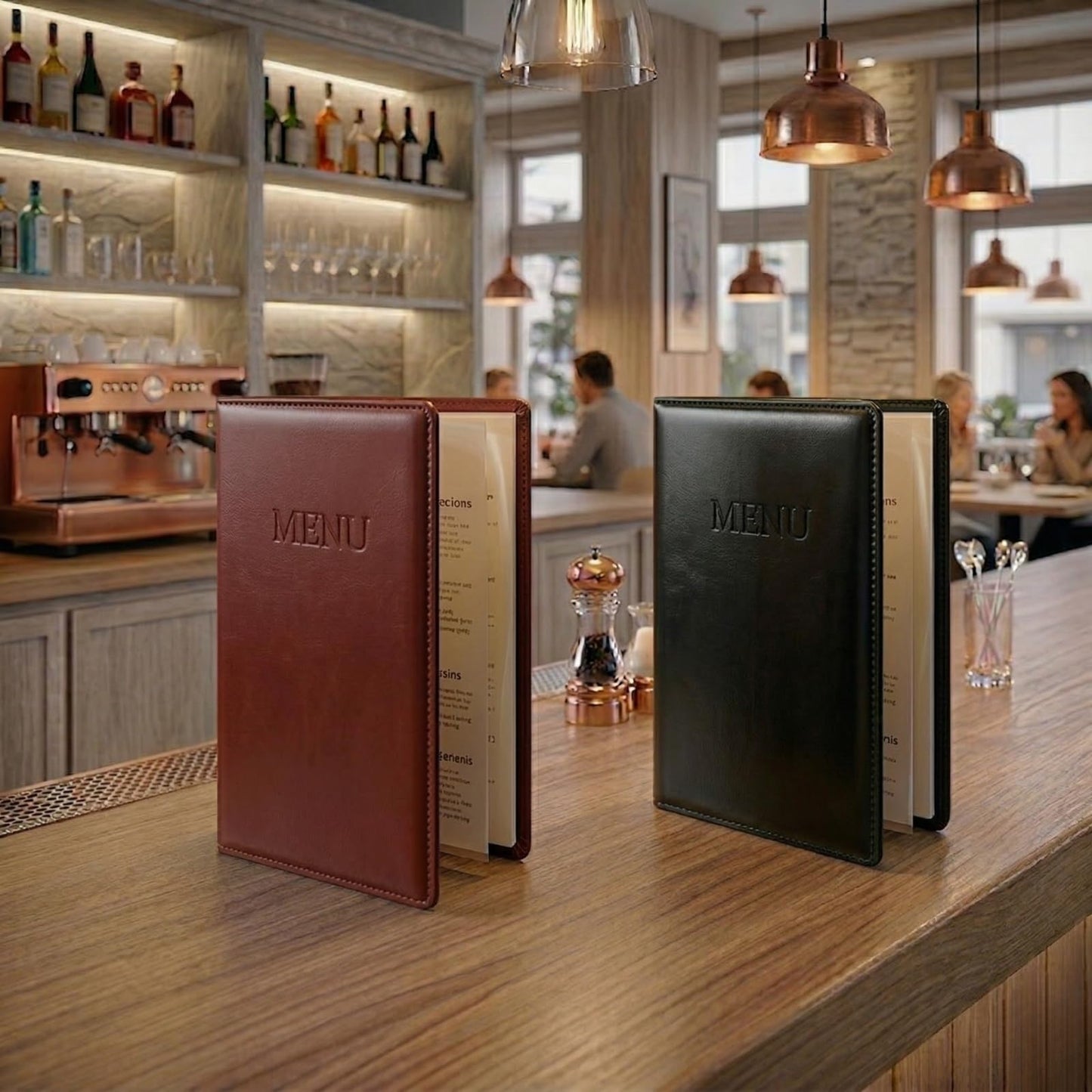 2-Pack Mahogany Red Vegan Leather Menu Cover with Embossed MENU Design 8.5x11 4 Page 8 View Clear Sleeves Restaurant Menu Holder Presentation Folder Portfolio Binder Sheet Music Professional