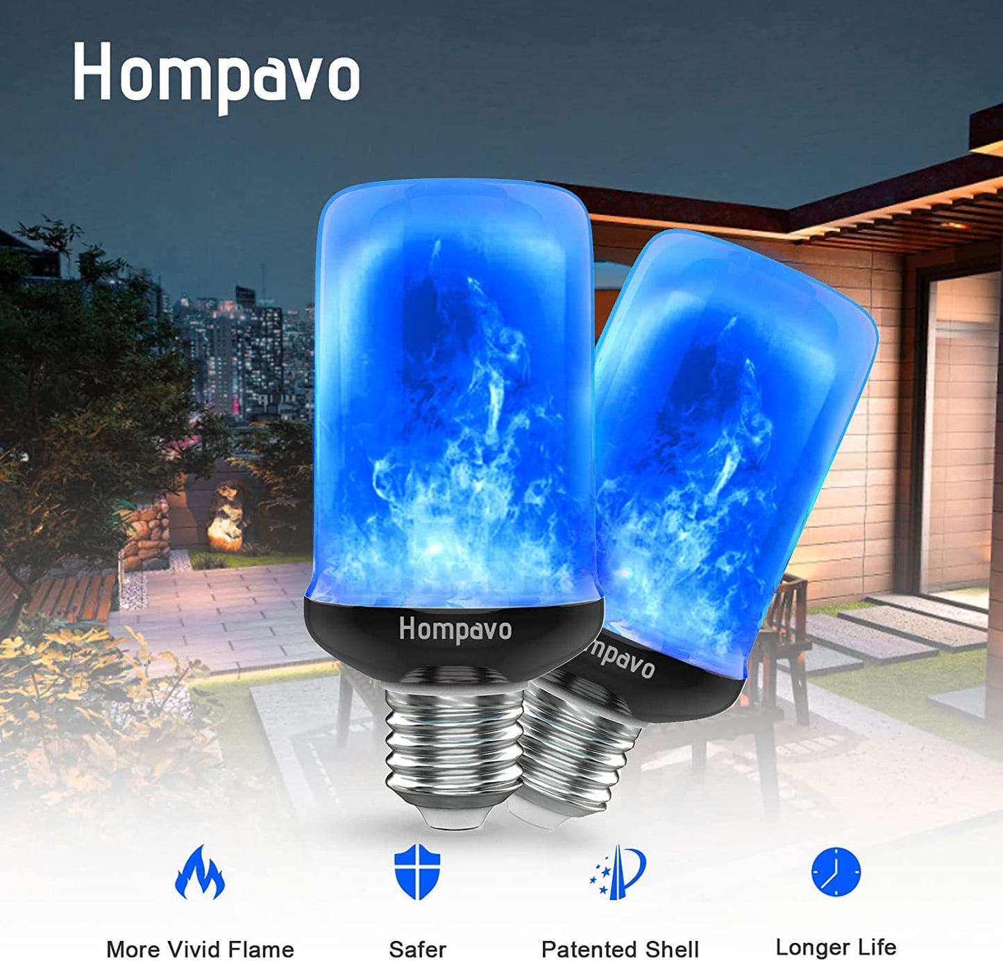 【Upgraded】Hompavo LED Flame Light Bulbs, 4 Modes Flickering Light Bulbs with Upside Down Effect, E26 Flame Bulb for Halloween Christmas Party Patio Porch Home Indoor Outdoor Decorations - 4 Blue