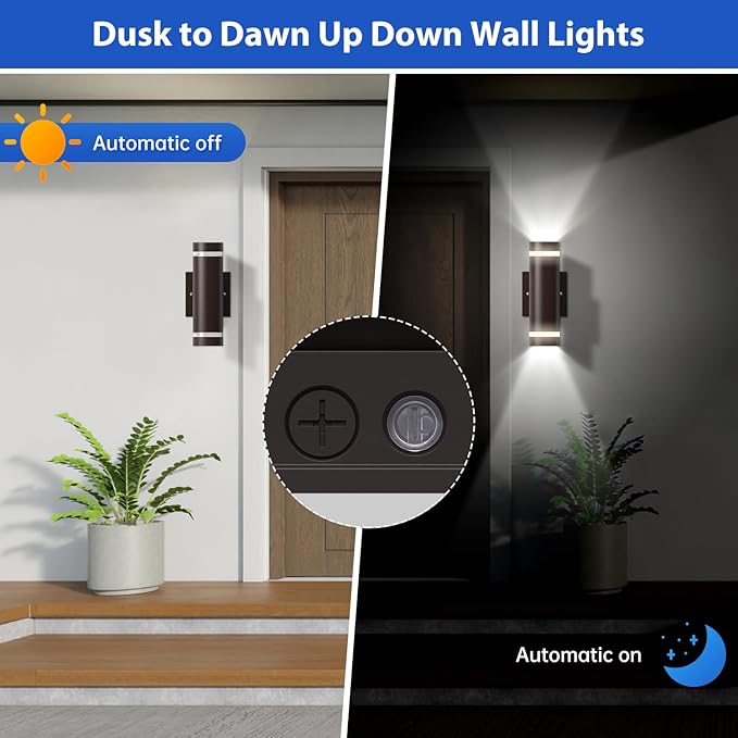 dephen Outdoor Up Down Wall Light, Dusk to Dawn LED Exterior Sconces Light 3000K/4000K/5000K /10W/20W/30W Adjustable, Brown Aluminum Modern Cylinder Porch Lights (UL-Listed)
