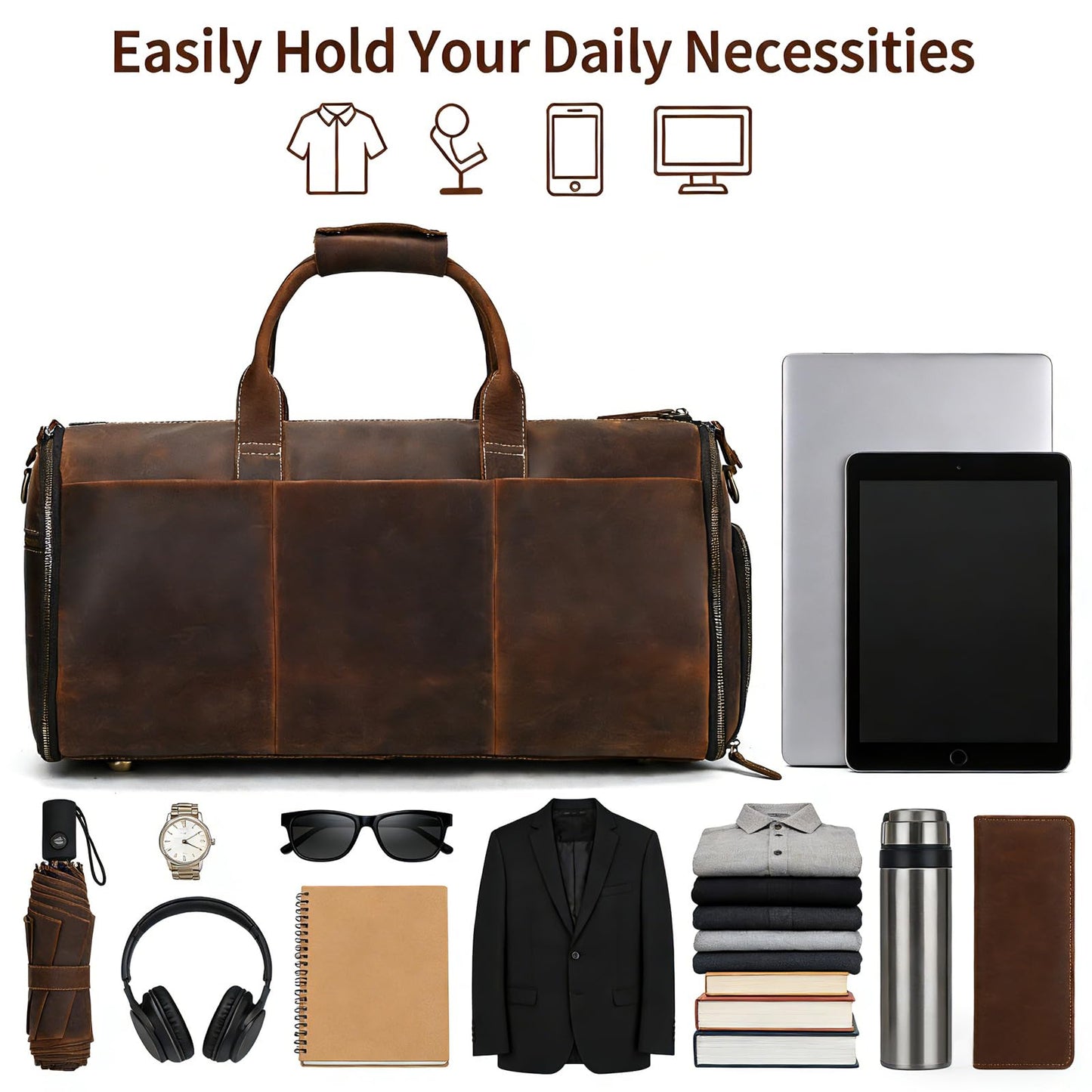 Men's Carry On Garment Bag, Convertible Garment Bag Full Grain Leather Duffle Bags with Shoe Pouch, 2 in 1 Hanging Suitcase Suit Travel Bags