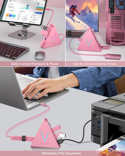 4-Port USB 3.0 Hub, FlyingVHUB Vertical Data USB Hub with 2 ft Extended Cable, for Mac, PC, Xbox One, PS4, PS5, iMac, Surface Pro, XPS, Laptop, Desktop, Flash Drive, Mobile HDD(Pink)