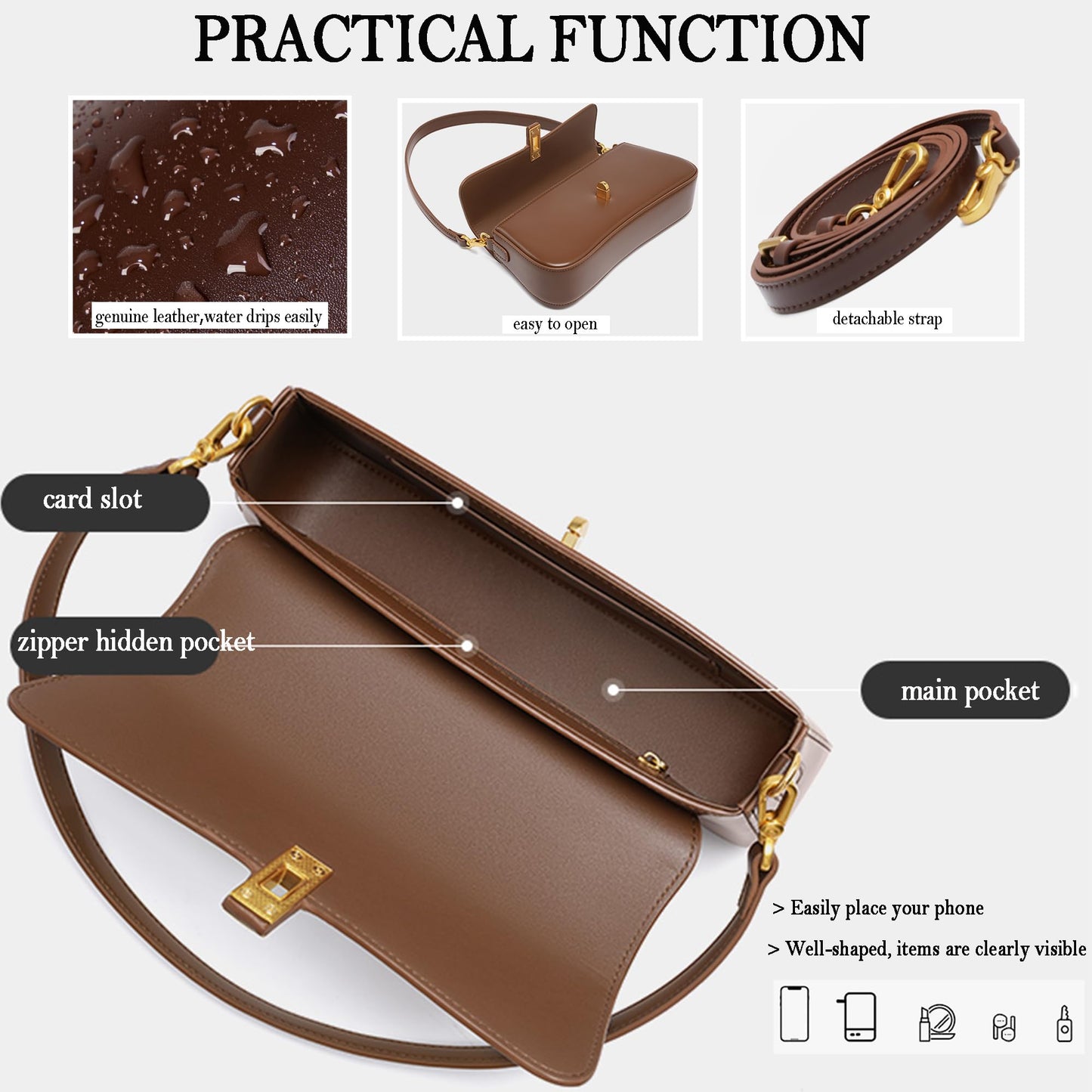 SYMENGR Genuine Leather Evening Bag for Women Elegant Shoulder Bags Crossbody Bag(coffee)