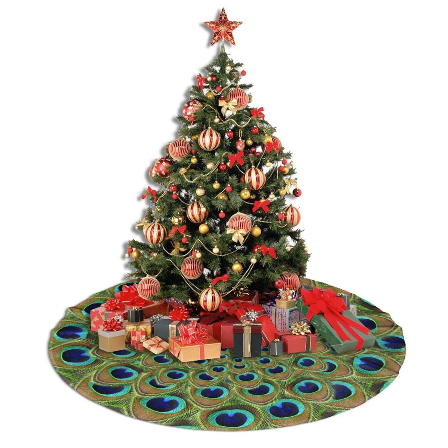 Peacock Feather Christmas Tree Skirt 48" Xmas Tree Mat for Christmas Decorations Holiday Ornaments