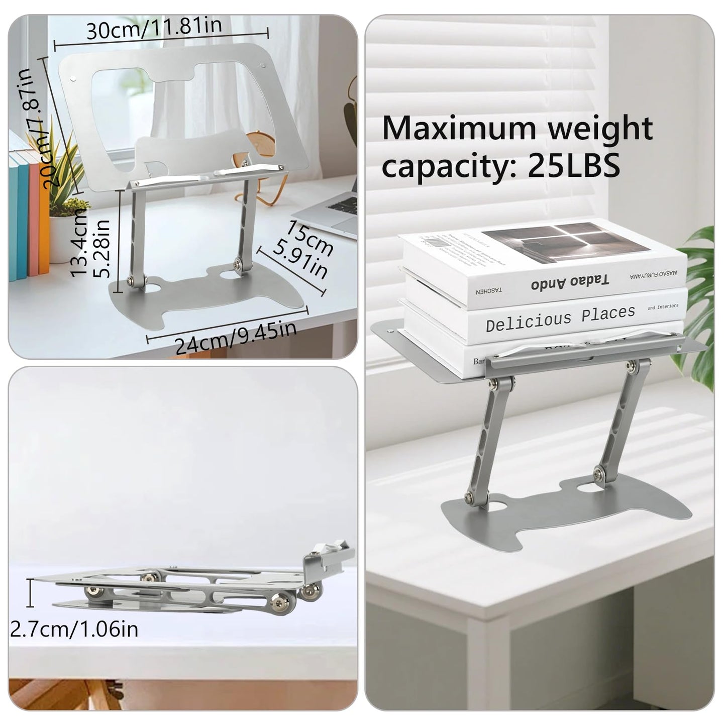 Book Stand for Reading, Adjustable Metal Laptop Stand for Desk Foldable Laptop Riser Holder Desktop Book Stand Multifunctional Display Stand for Recipe, Book, Tablet, Laptop, Notebook (Silver)