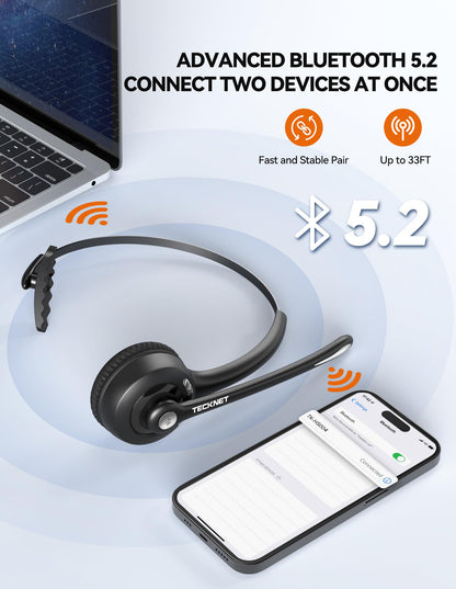 TECKNET Bluetooth Headset, Wireless Headset with Noise Canceling Microphone for Trucker, On-Ear Bluetooth Headphone with Mute Mic for Work